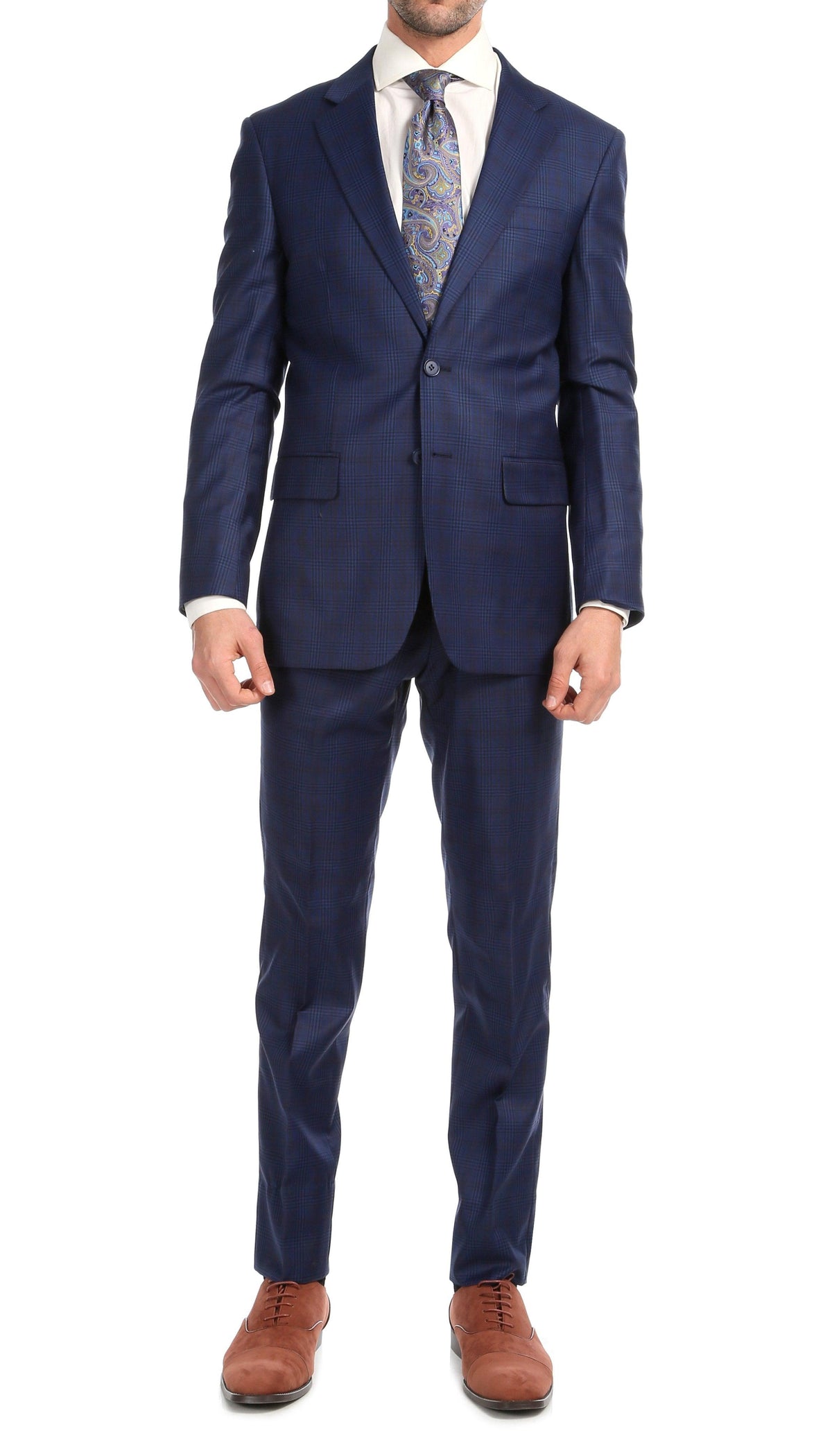 Yves Blue Plaid Check Men's Premium 2 Piece Wool Slim Fit Suit - Ferrecci USA