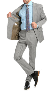 Yves Light Grey Plaid Check Men's Premium 2 Piece Wool Slim Fit Suit - Ferrecci USA
