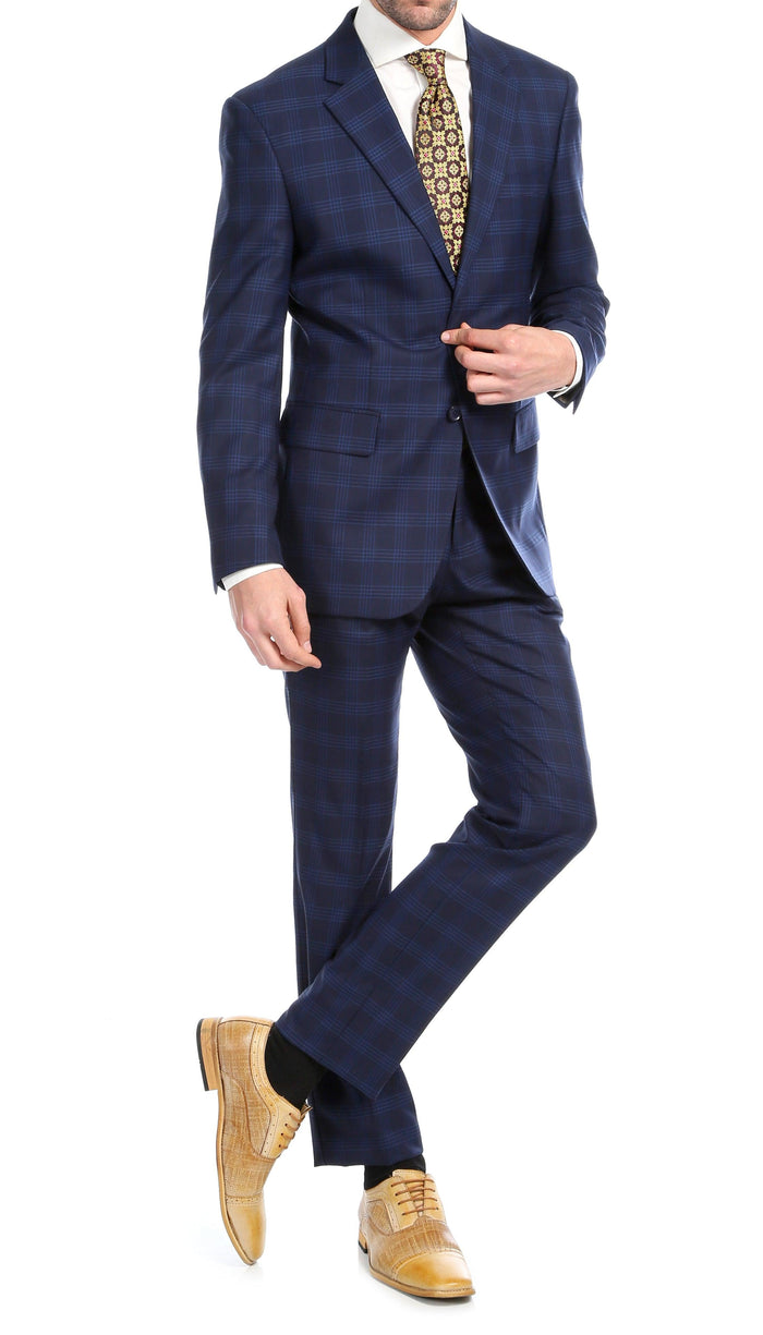 Yves Navy Blue Plaid Check Men's Premium 2pc Premium Wool Slim Fit Suit - Ferrecci USA