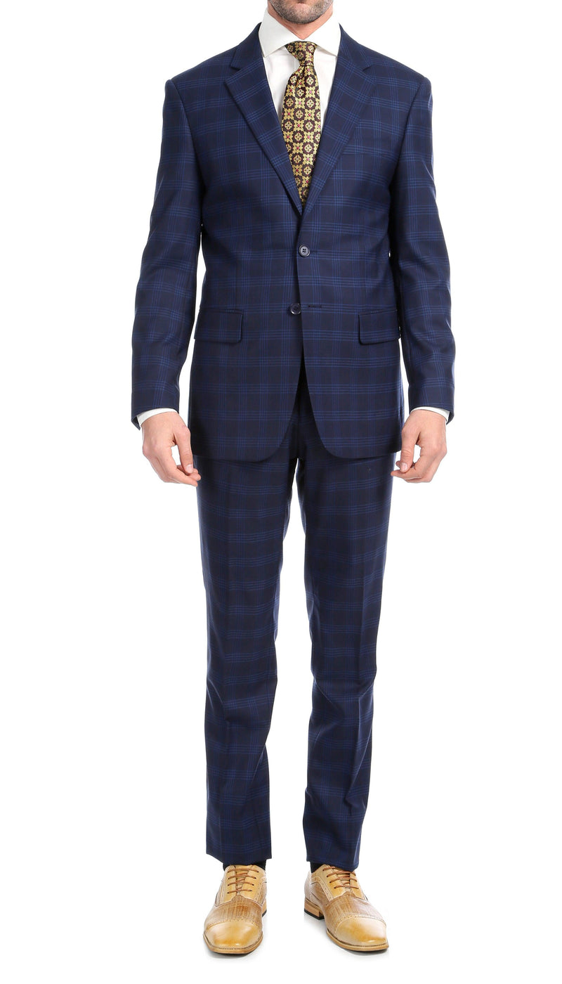 Yves Navy Blue Plaid Check Men's Premium 2pc Premium Wool Slim Fit Suit - Ferrecci USA