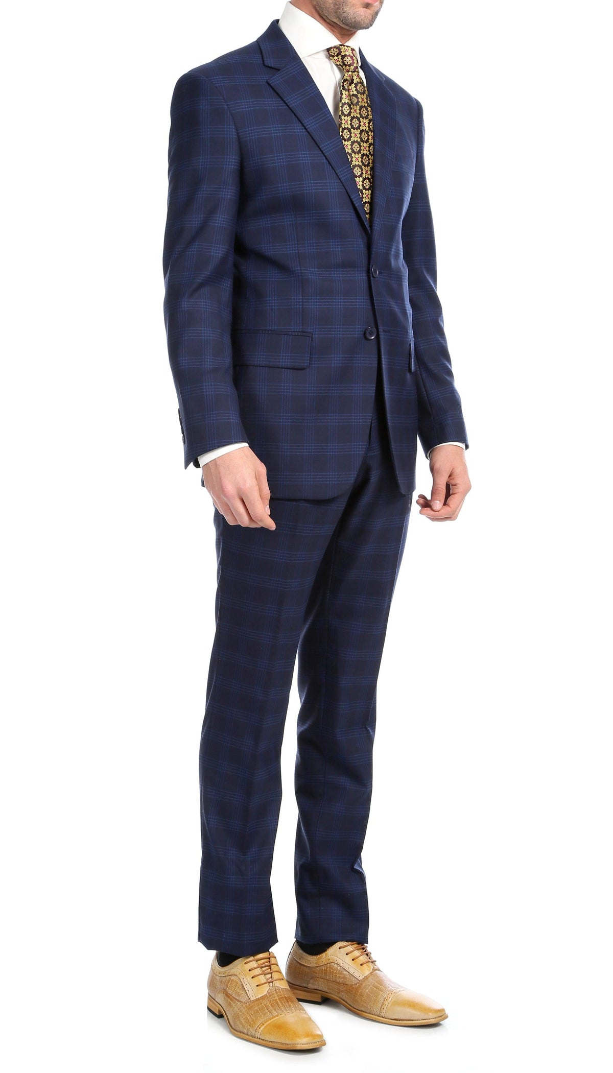 Yves Navy Blue Plaid Check Men's Premium 2pc Premium Wool Slim Fit Suit - Ferrecci USA