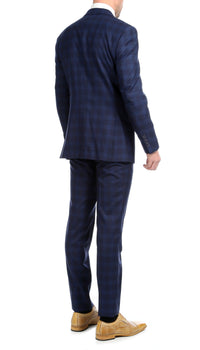 Yves Navy Blue Plaid Check Men's Premium 2pc Premium Wool Slim Fit Suit - Ferrecci USA