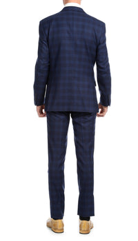 Yves Navy Blue Plaid Check Men's Premium 2pc Premium Wool Slim Fit Suit - Ferrecci USA