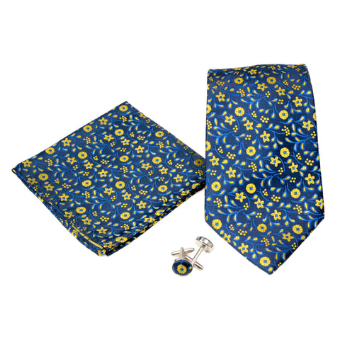 Men's Blue-Yellow Classic Floral Pattern Design 4-pc Necktie Box Set