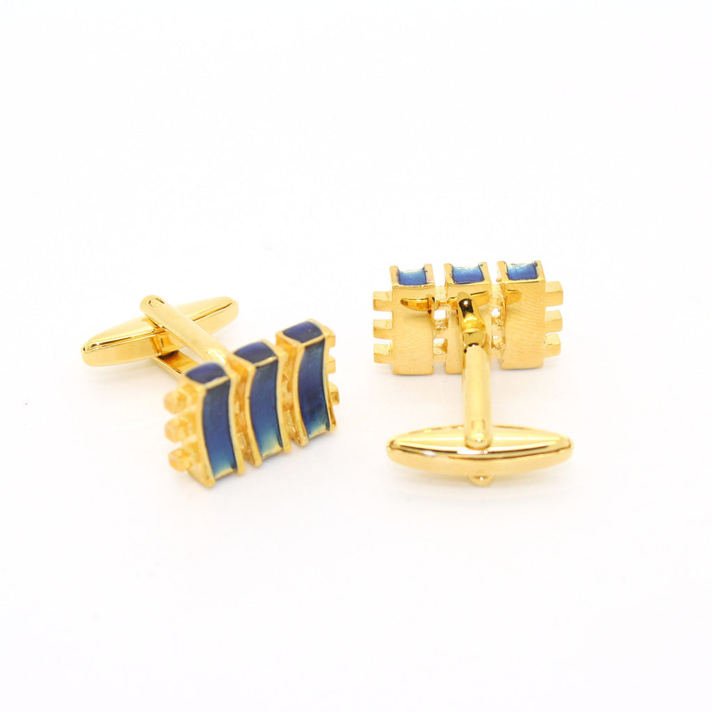 Goldtone Aqua Blue Criss Cross Cuff Links With Jewelry Box - FHYINC