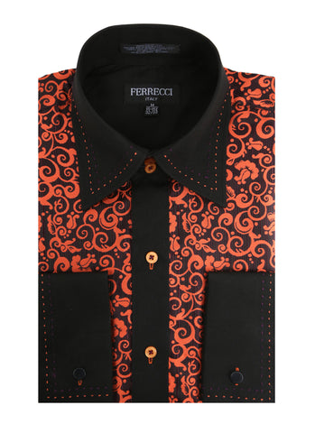 Ferrecci Men's Satine Hi-1024 Black & Orange Scroll Pattern Button Down Dress Shirt