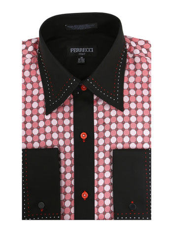Ferrecci Men's Satine Hi-1028 Red & Black Circular Pattern Button Down Dress Shirt