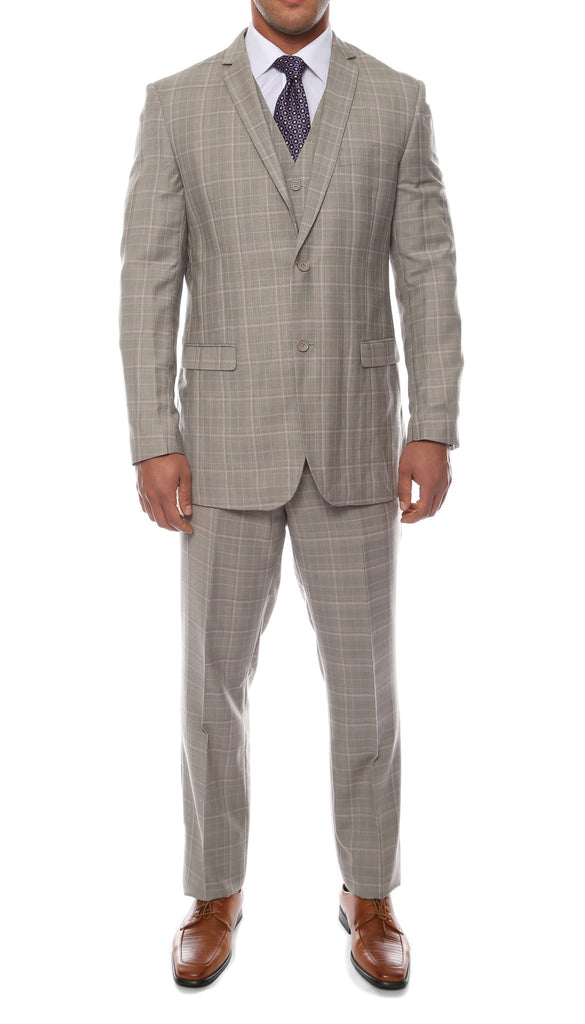 Lazio Taupe Grey 3pc Vested Slim Fit Plaid Suit - FHYINC best men