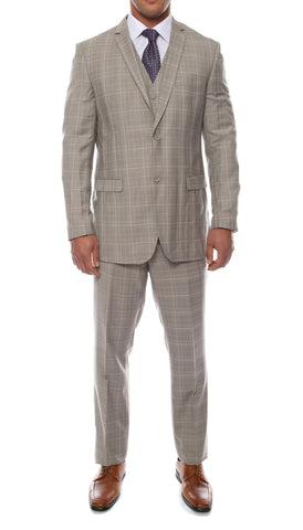 Lazio Taupe Grey 3pc Vested Slim Fit Plaid Suit