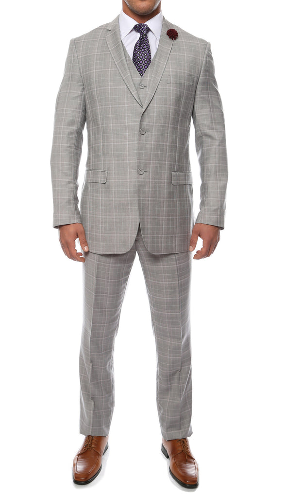 Lazio Light Grey 3pc Vested Slim Fit Plaid Suit - FHYINC best men
