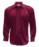 Burgundy Satin Regular Fit French Cuff Dress Shirt, Tie & Hanky Set - FHYINC best men's suits, tuxedos, formal men's wear wholesale