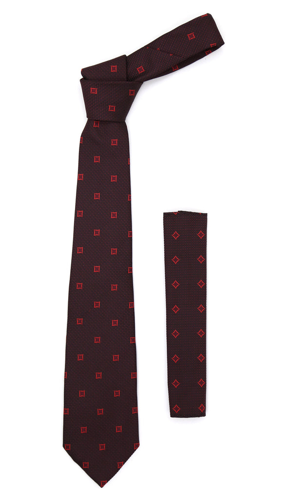 Burgundy Geometric Necktie with Handkerchief Set - FHYINC best men