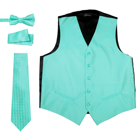 Ferrecci Men's Formal 4pc Satin Vest Necktie Bowtie and Pocket Square Set Turquoise