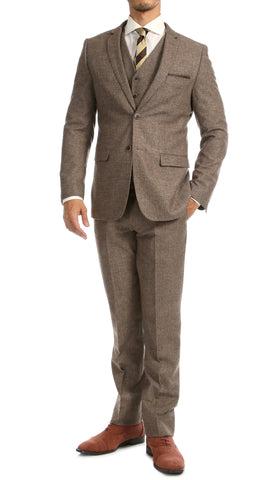York Brown Slim Fit 3pc Herringbone Suit
