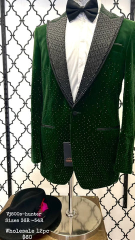 Mens Velvet Hunter Green Peak Lapel Blazer With Black Rhinestone Accent.