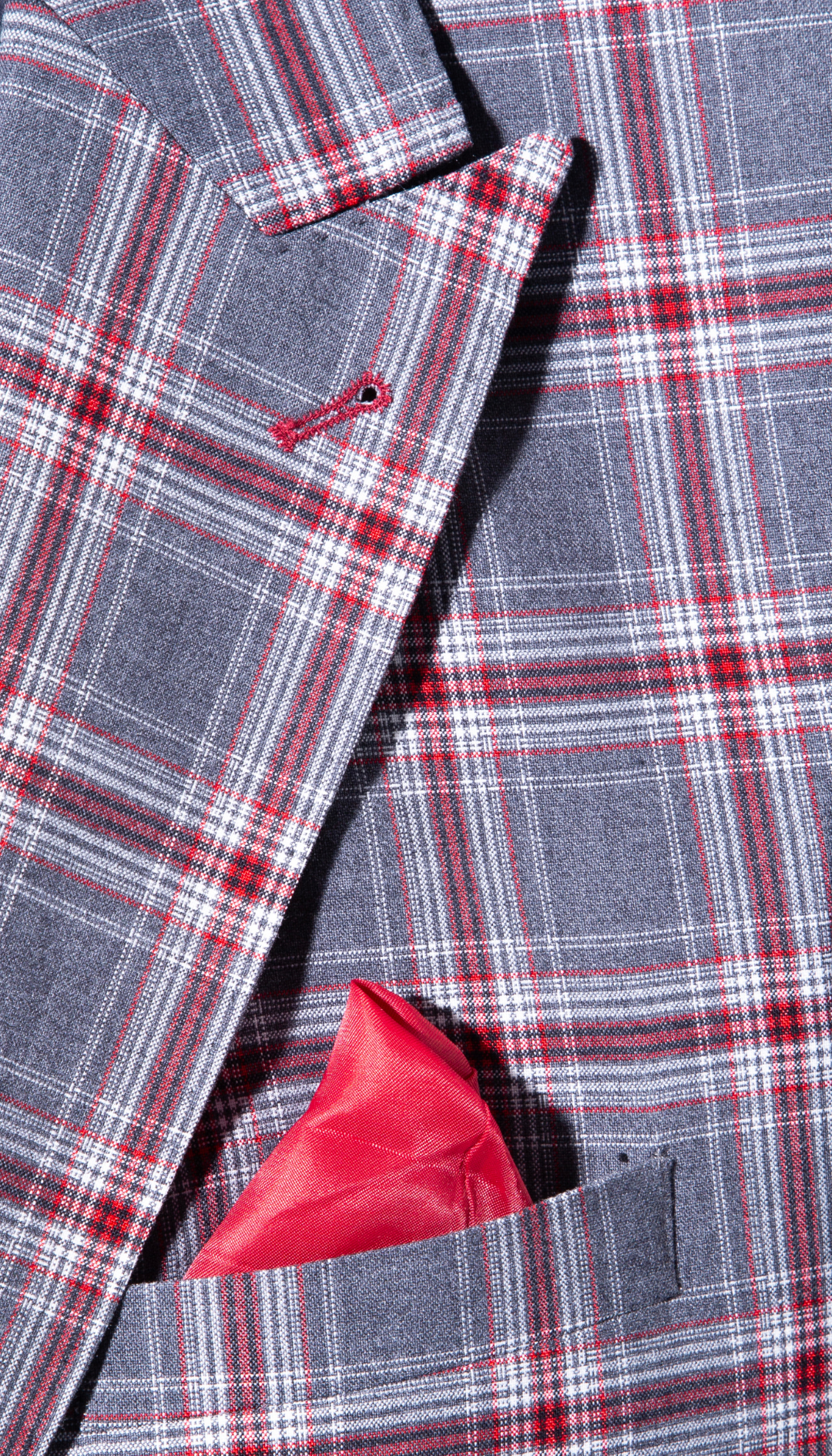 The Kingston Mens Grey/Red Checker Slim Fit 3 Piece Suit