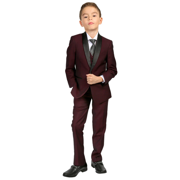 Ultimate Elegance: Boys Burgundy Shawl Collar Tuxedo for Dapper Occasions