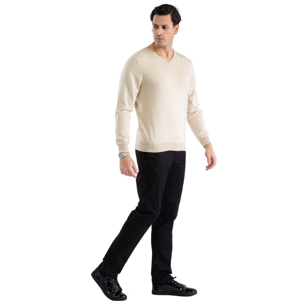 Sam Jacobi Mens Pullover Beige Knitted Sweater V-neck Stylish Knitwear Long Sleeve Casual Slim Fit