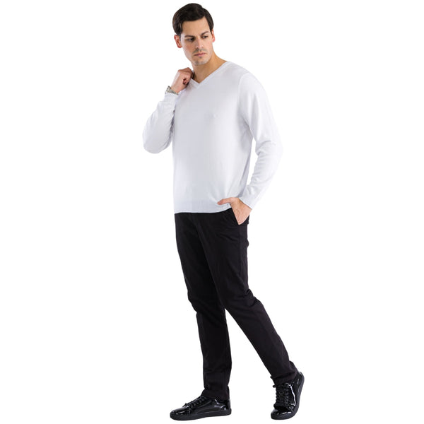 Sam Jacobi Men's Pullover White Knitted Sweater V-neck Stylish Knitwear Long Sleeve Casual Slim Fit