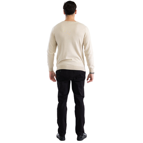 Sam Jacobi Mens Pullover Beige Knitted Sweater V-neck Stylish Knitwear Long Sleeve Casual Slim Fit