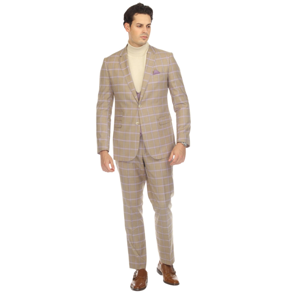 Wilton Tan Mens 2 Button Slim Notch Lapel Suit With Pick Stiching "U" Shaped Vest Double Breasted Contrast Vest