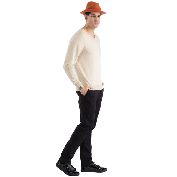 Sam Jacobi Mens Pullover Beige Knitted Sweater V-neck Stylish Knitwear Long Sleeve Casual Slim Fit