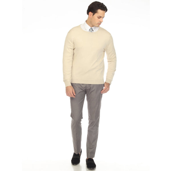 Sam Jacobi Men's Pullover Beige Knitted Sweater Crewneck Stylish Knitwear Long Sleeve Casual Slim Fit