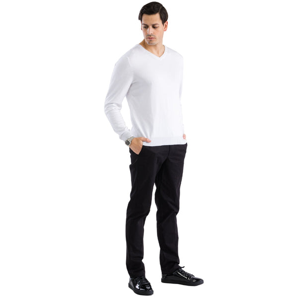 Sam Jacobi Men's Pullover White Knitted Sweater V-neck Stylish Knitwear Long Sleeve Casual Slim Fit