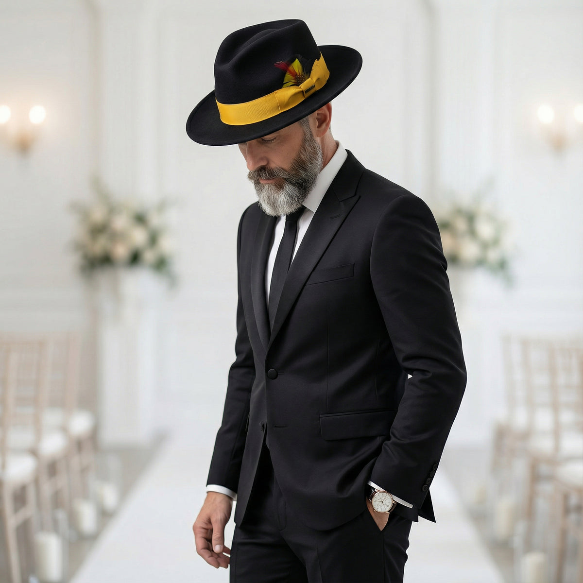 Crushable Black/Gold 100% Australian Wool Fedora Hat