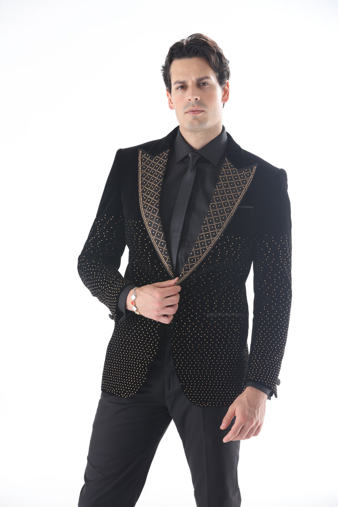 Mens Velvet Black Peak Lapel Blazer With Gold Rhinestone Accent.