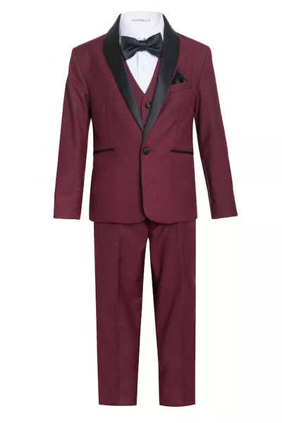 Ultimate Elegance: Boys Burgundy Shawl Collar Tuxedo for Dapper Occasions