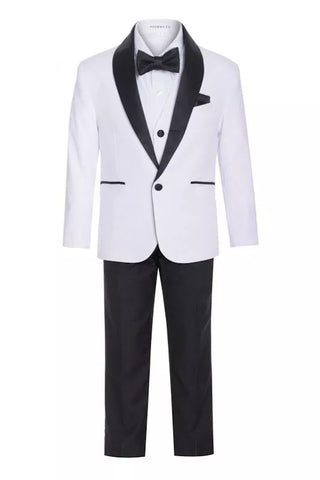 Ultimate Elegance: Boys White/Black Shawl Collar Tuxedo for Dapper Occasions