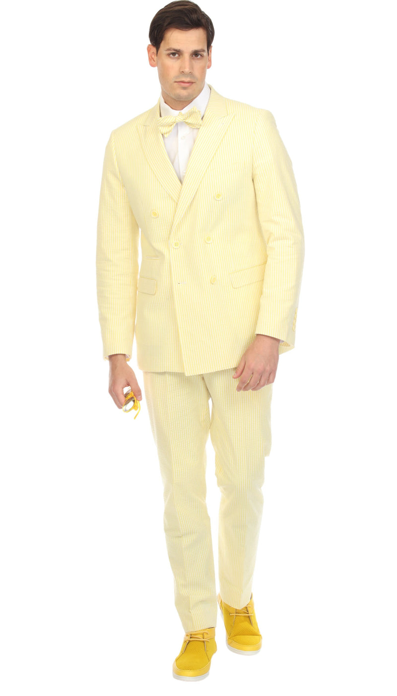 Men's Yellow Double Breasted Slim Fit Seersucker Suit