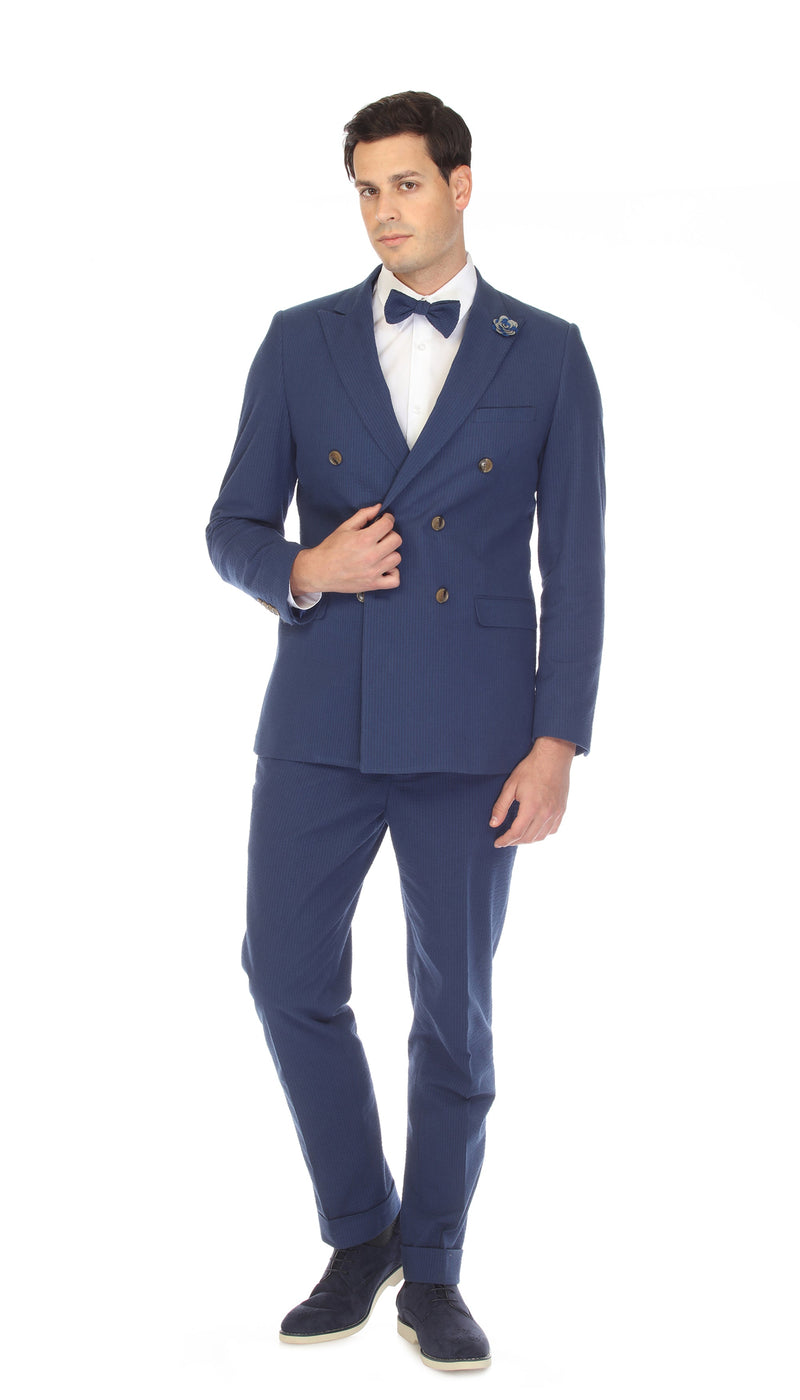 Men's Navy Double Breasted Slim Fit Seersucker Suit