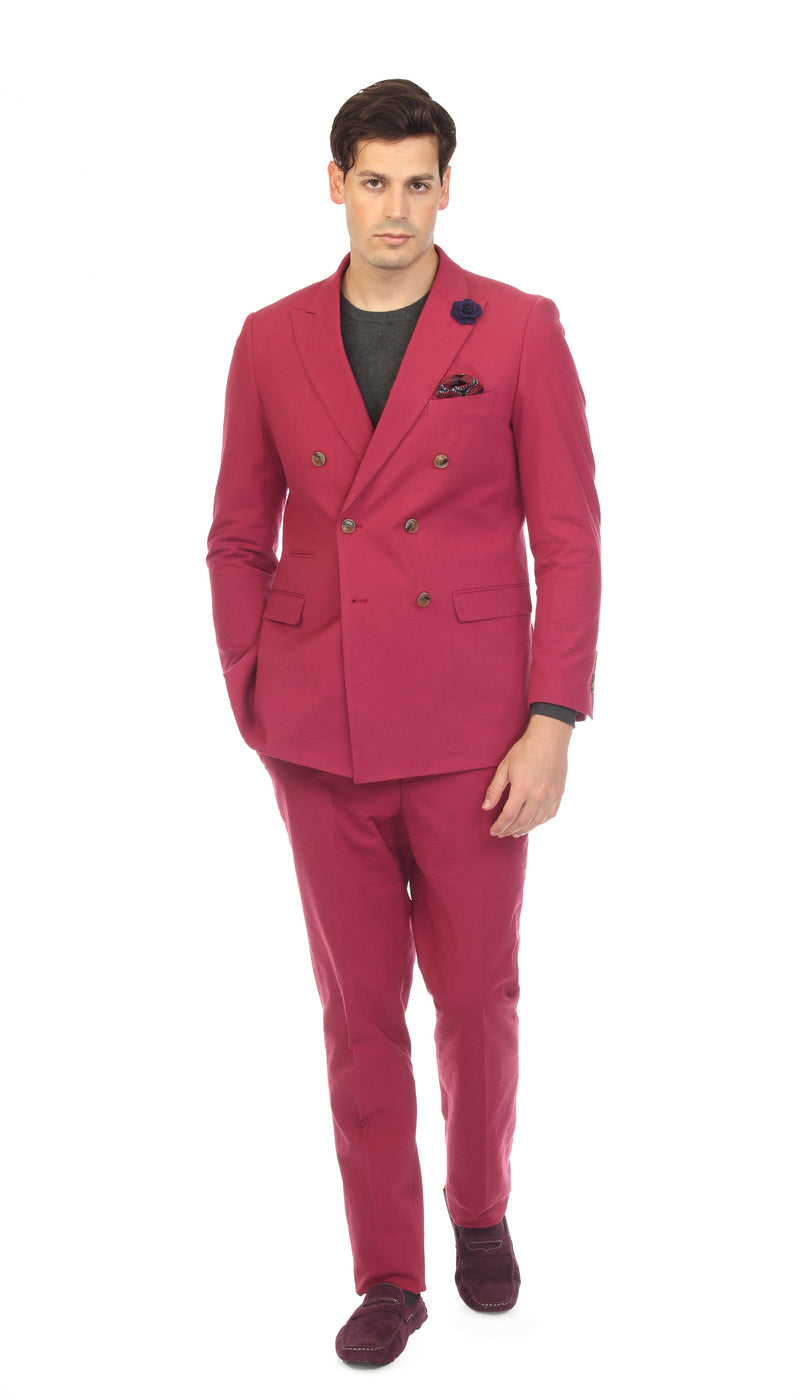 Men's Burgundy Double Breasted Slim Fit Seersucker Suit