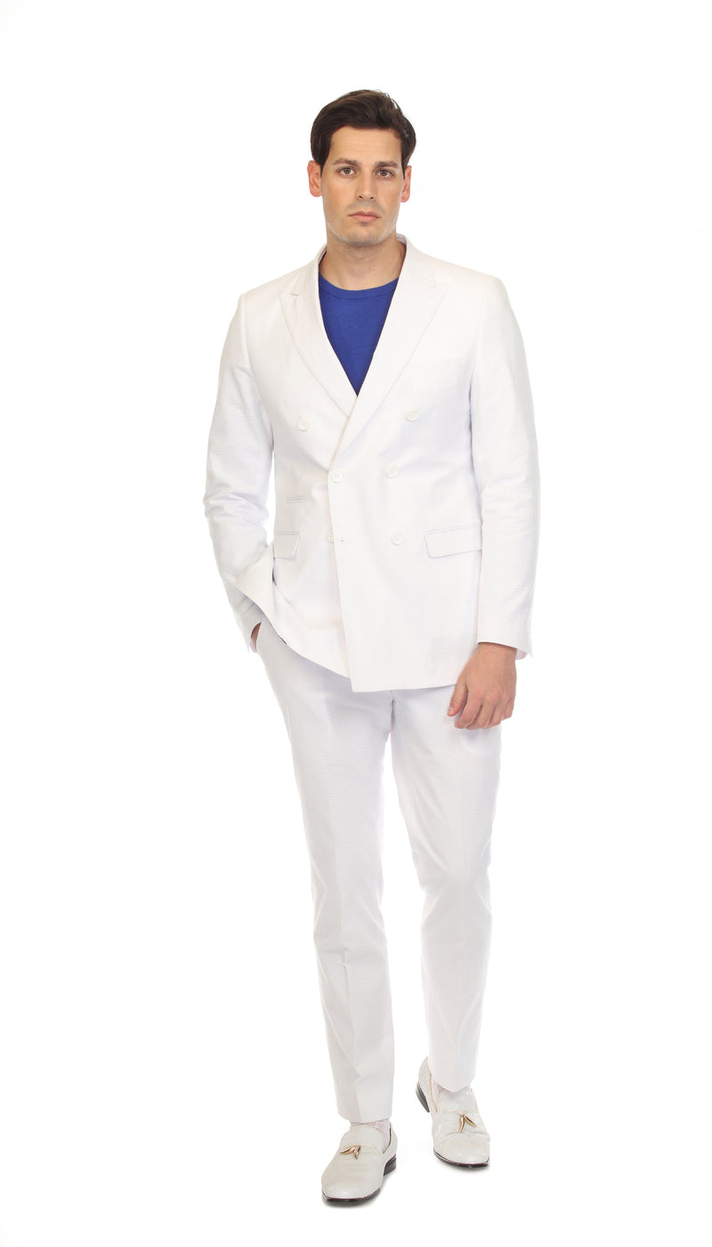 Men's White Double Breasted Slim Fit Seersucker Suit