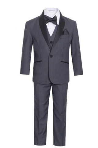 Ultimate Elegance: Boys Grey Shawl Collar Tuxedo for Dapper Occasions