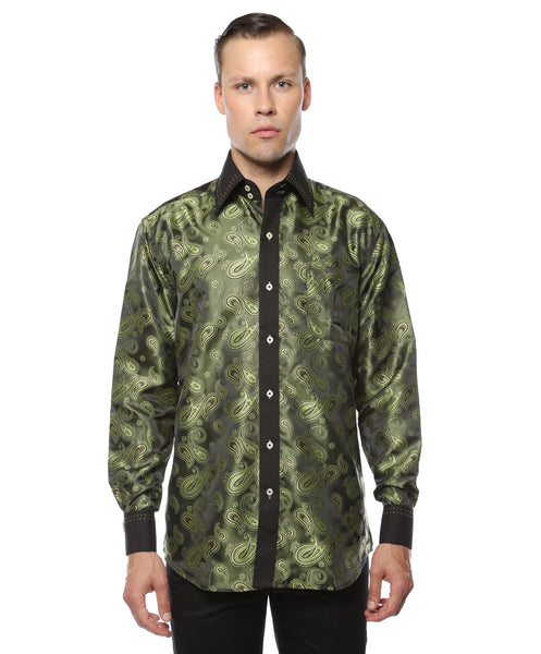 Ferrecci Men's Satine Hi-1010 Green Paisley Button Down Dress Shirt - FHYINC