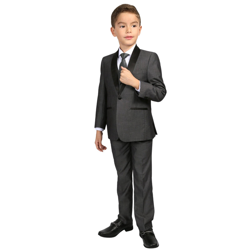 Ultimate Elegance: Boys Grey Shawl Collar Tuxedo for Dapper Occasions