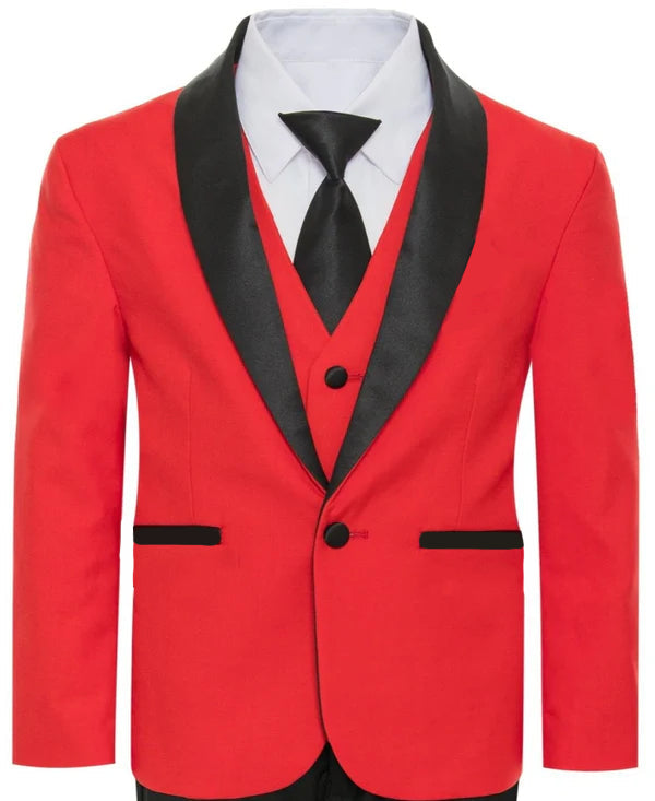 Ultimate Elegance: Boys Red/Black Shawl Collar Tuxedo for Dapper Occasions