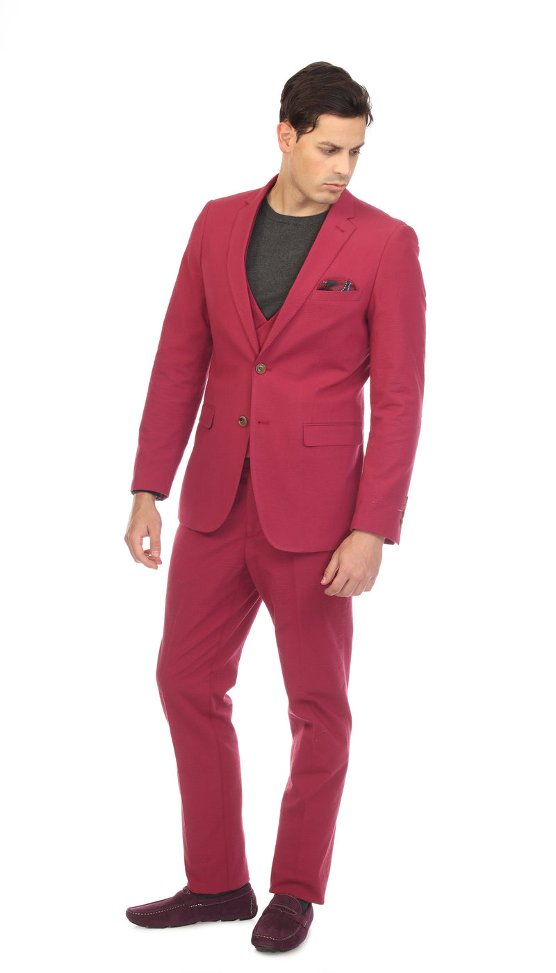 Men's Slim Fit Two Button Burgundy Seersucker Suit