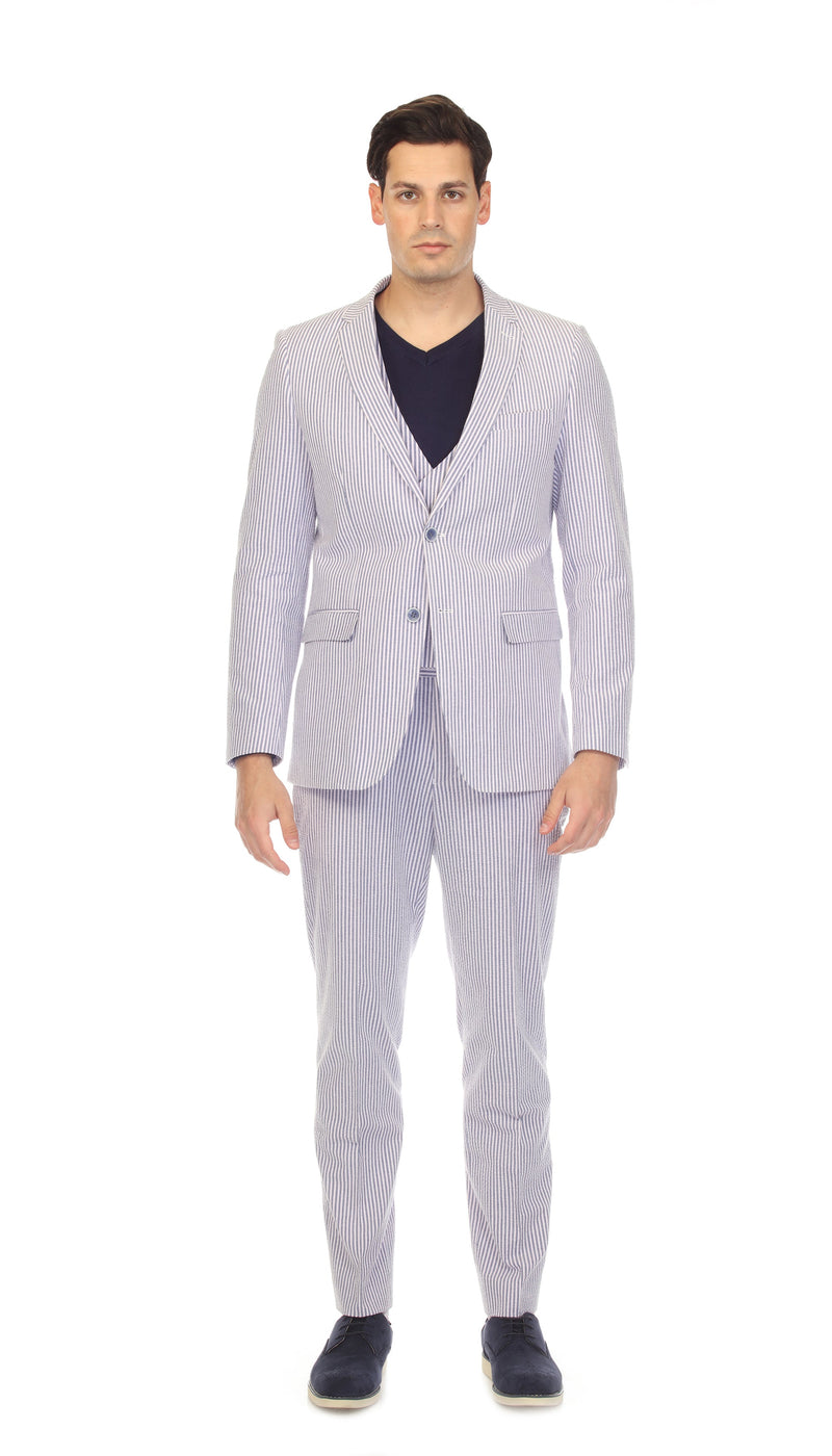 Men's Slim Fit Two Button Blue Seersucker Suit