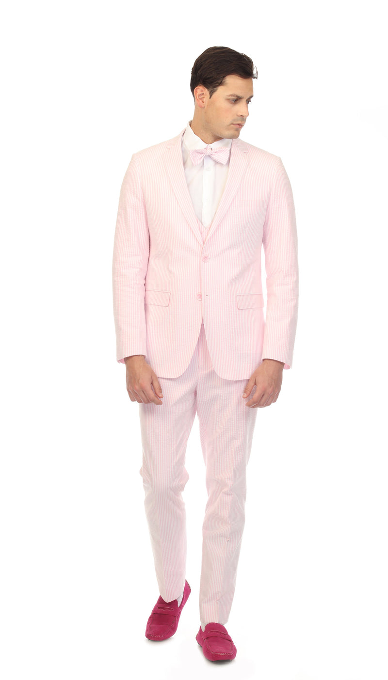 Men's Slim Fit Two Button Pink Seersucker Suit