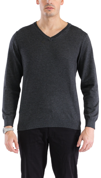 Sam Jacobi Mens Pullover Charcoal Knitted Sweater V-neck Stylish Knitwear Long Sleeve Casual Slim Fit