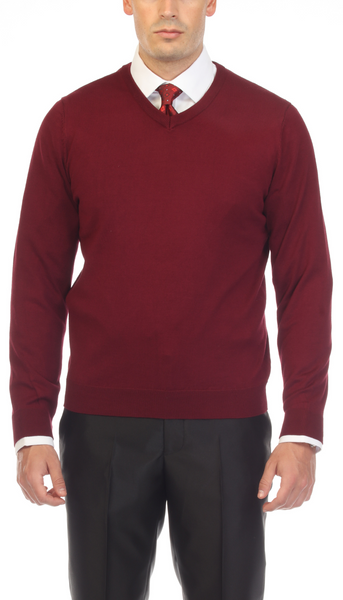 Sam Jacobi Mens Pullover Burgundy Knitted Sweater V-neck Stylish Knitwear Long Sleeve Casual Slim Fit