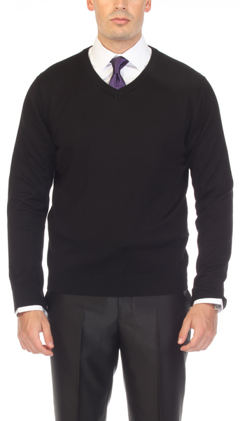 Sam Jacobi Men's Pullover Black Knitted Sweater V-neck Stylish Knitwear Long Sleeve Casual Slim Fit