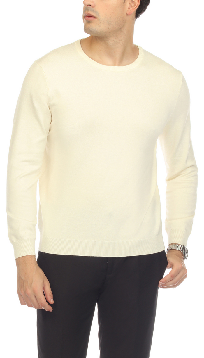 Sam Jacobi Men's Pullover Off-White Knitted Sweater Crewneck Stylish Knitwear Long Sleeve Casual Slim Fit