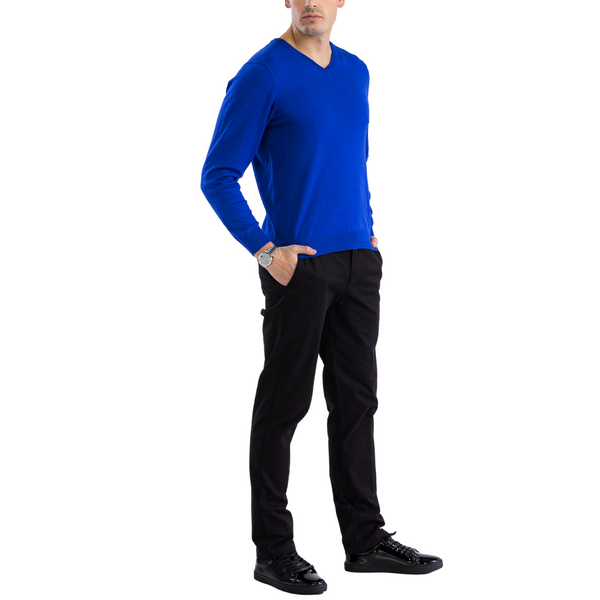 Sam Jacobi Mens Pullover Indigo Knitted Sweater V-neck Stylish Knitwear Long Sleeve Casual Slim Fit