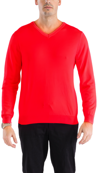 Sam Jacobi Mens Pullover Red Knitted Sweater V-neck Stylish Knitwear Long Sleeve Casual Slim Fit