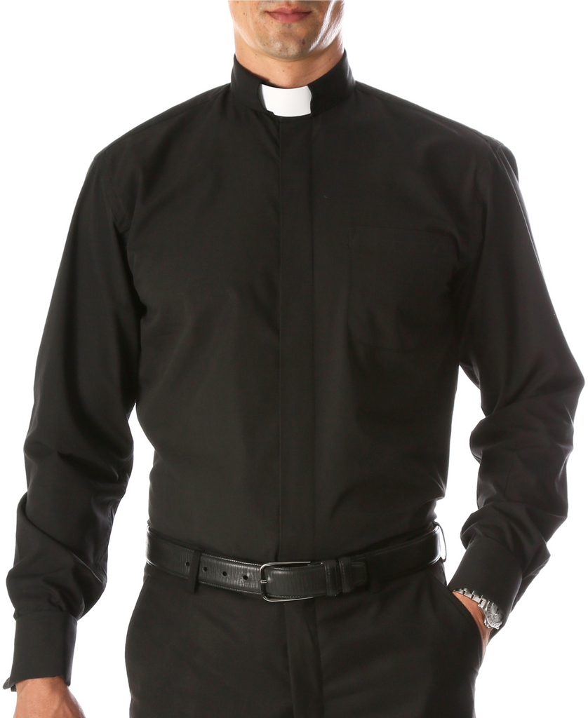 Black Clergy Deacon Bishop Priest Mandarin Half-Tab Collar Dress Shirt